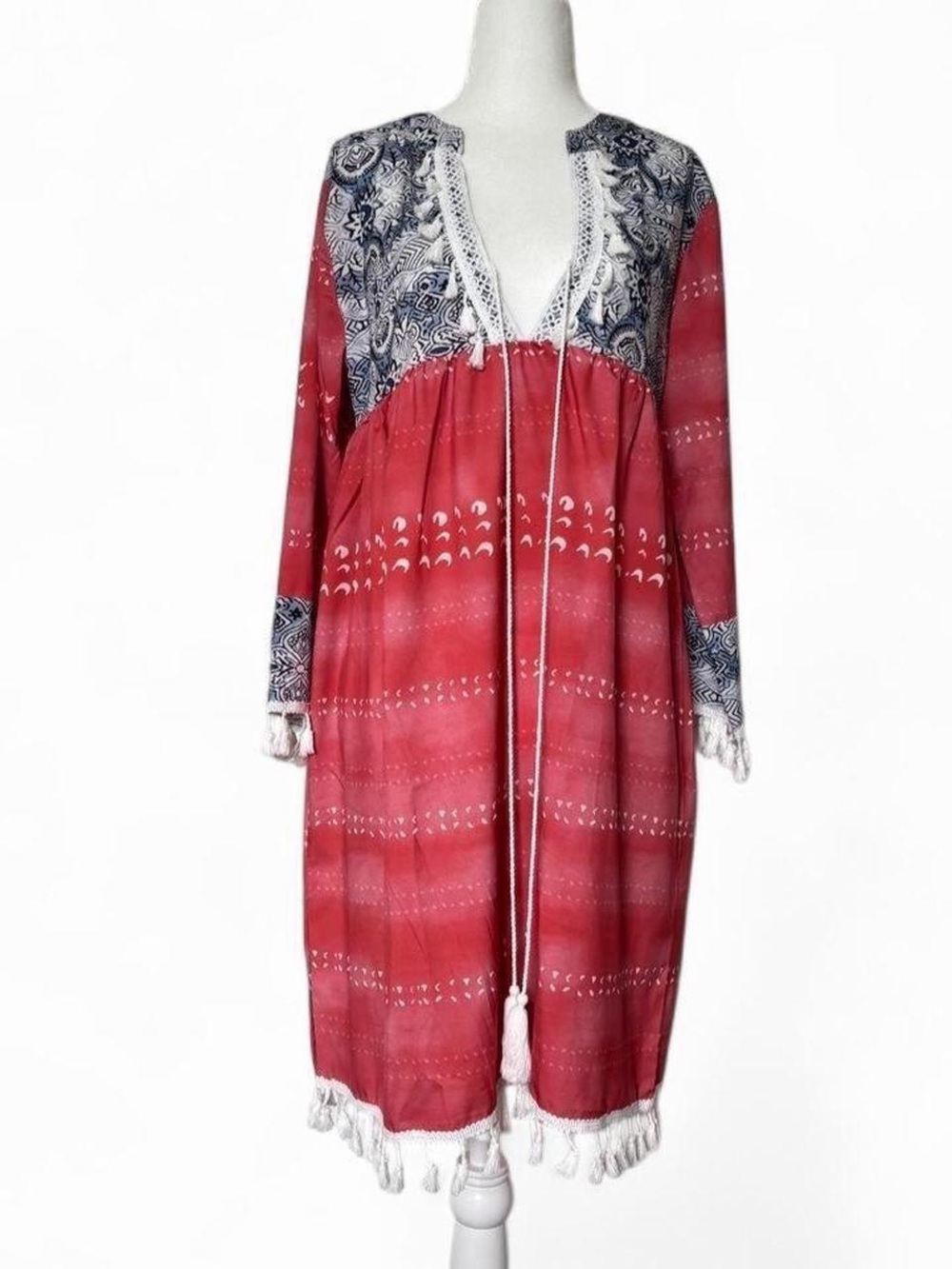 Boho Tassel Tie-Front Red Beach Cover-Up